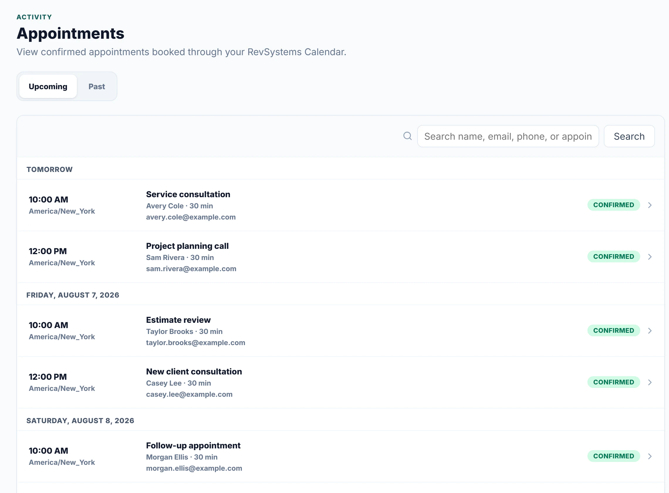 Synthetic Agent Center Appointments view showing confirmed appointments for fictional callers.