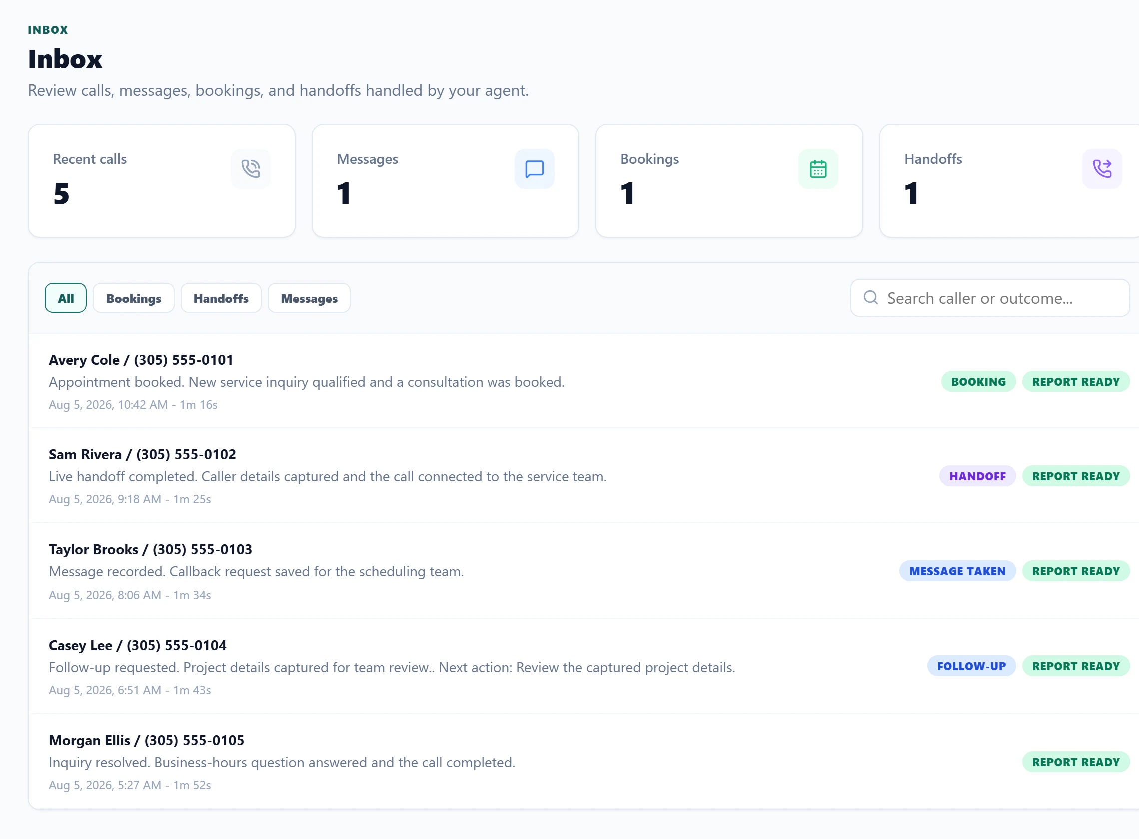 Synthetic Agent Center Inbox showing completed call outcomes for a fictional business.
